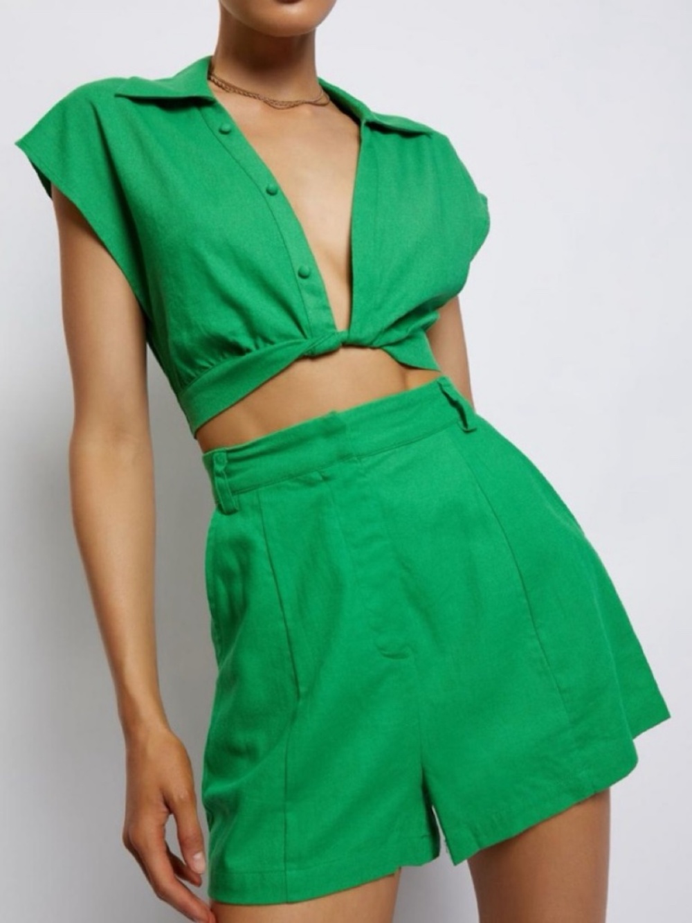 MESHKI Green Linen Blend 2pc Set Cropped Collar Top XS High Waist Shorts S